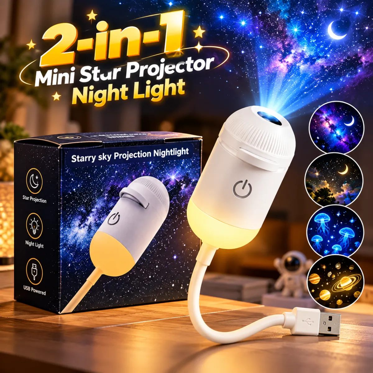 2-in-1 Mini Galaxy Star Projector and Bedside Night Light
